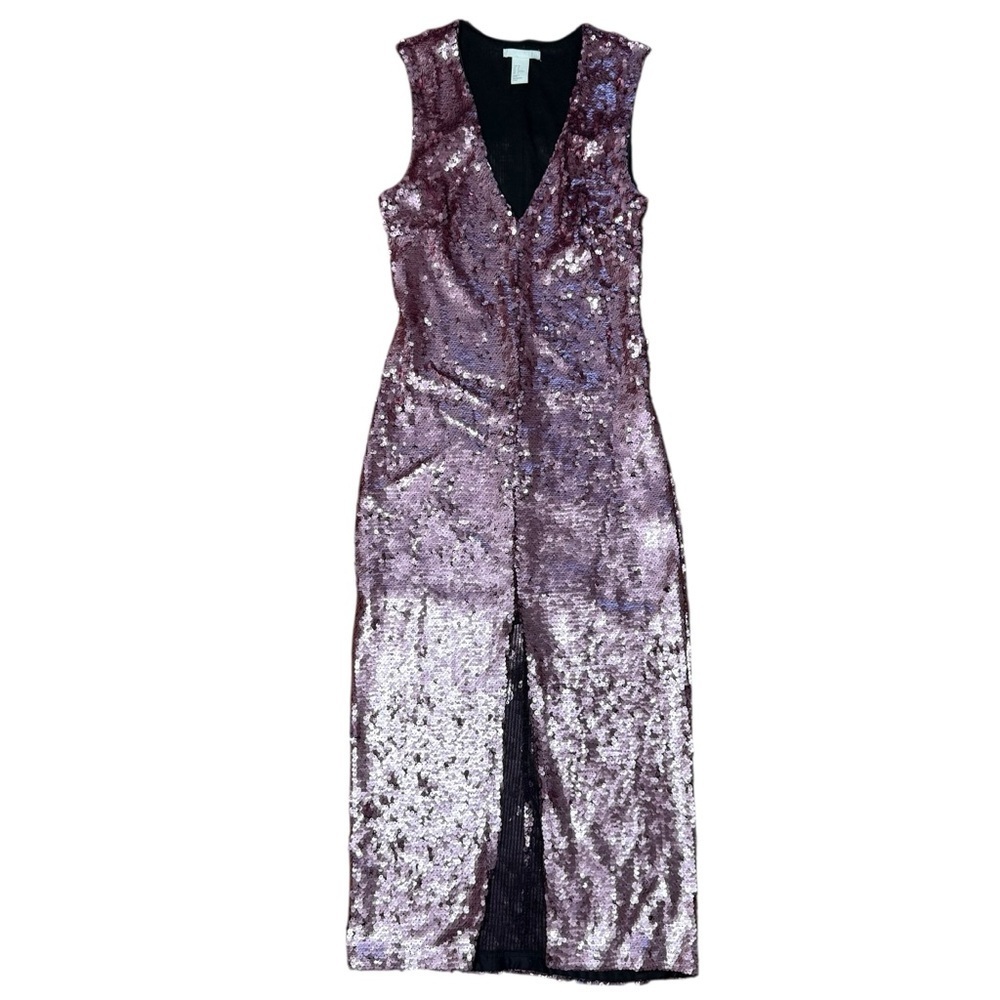 H&M Women Sequin Midi Dress Pink Purple Sleeveless Deep V Size 2